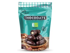 DUBAI Chocodate – šokoladinės datulės su migdolais, be pridėtinio cukraus, 90g