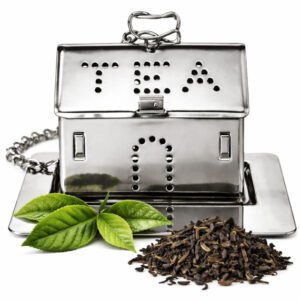 Metalinis arbatinukas ant grandinėlės su stovu